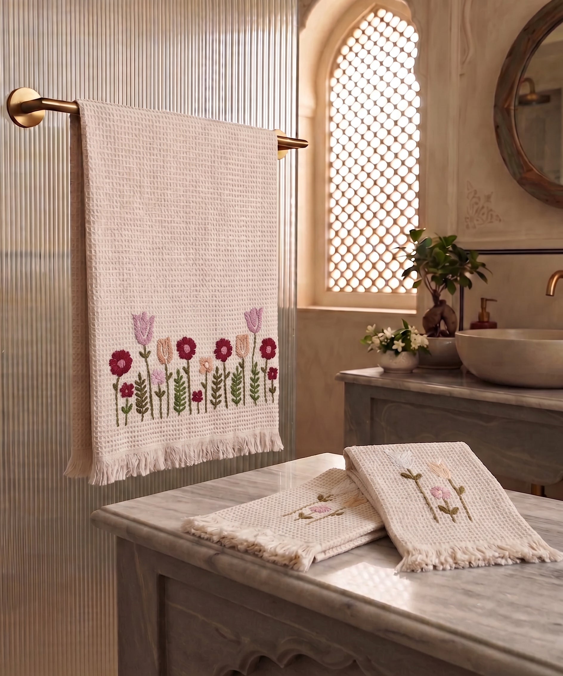 Embroidered 1 Pc Bath and 2 Pcs Hand Towel Set | Cotton Waffle Fabric | Beige