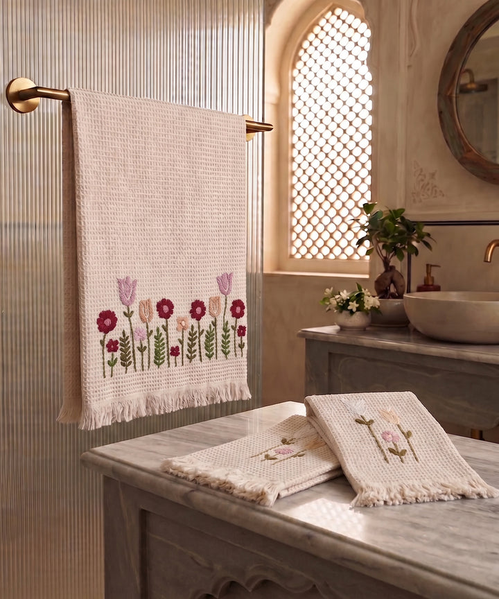 Embroidered 1 Pc Bath and 2 Pcs Hand Towel Set | Cotton Waffle Fabric | Beige