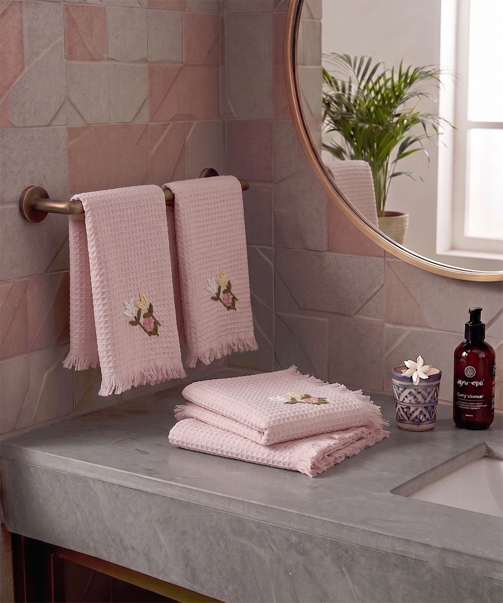 Embroidered Face Towel - Set of 4 pcs in Soft Cotton Waffle | Dusty Pink