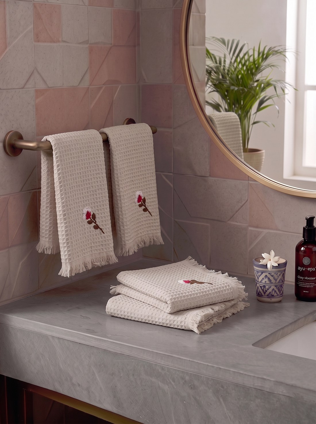 Embroidered Face Towel - Set of 4 pcs in Soft Cotton Waffle | Beige