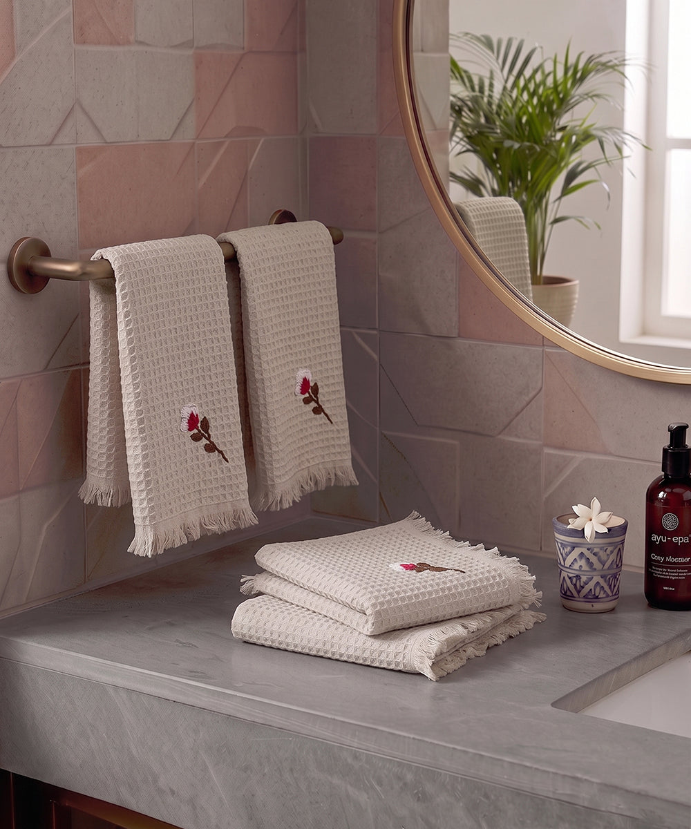 Embroidered Face Towel - Set of 4 pcs in Soft Cotton Waffle | Beige