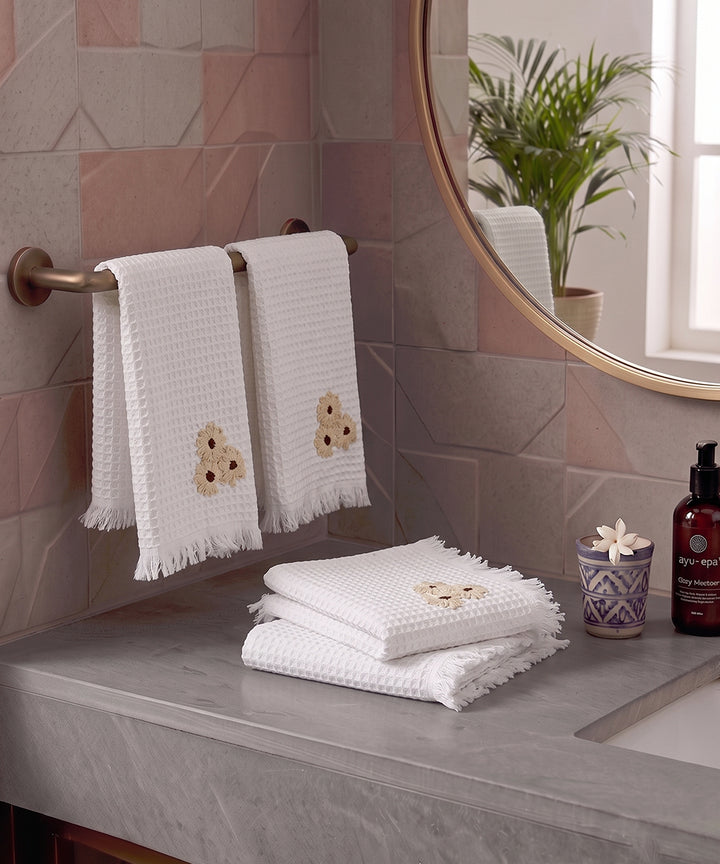 Embroidered Face Towel - Set of 4 pcs in Soft Cotton Waffle | White