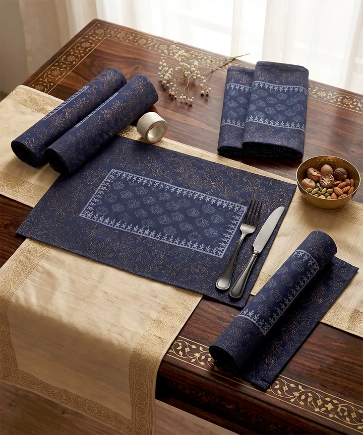 Set of 6 Navy Cotton Canvas Hand Block Printed Table Mats