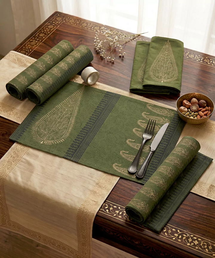 Set of 6 Olive Cotton Canvas Hand Block Printed Table Mats