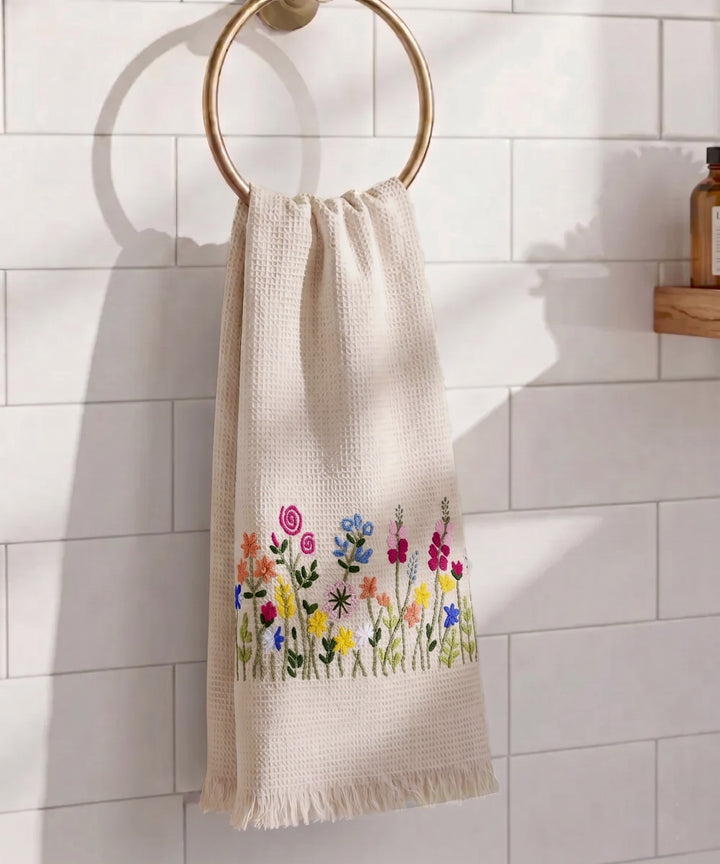 Embroidered Bath Towel | Soft Cotton Waffle | Beige Tulip