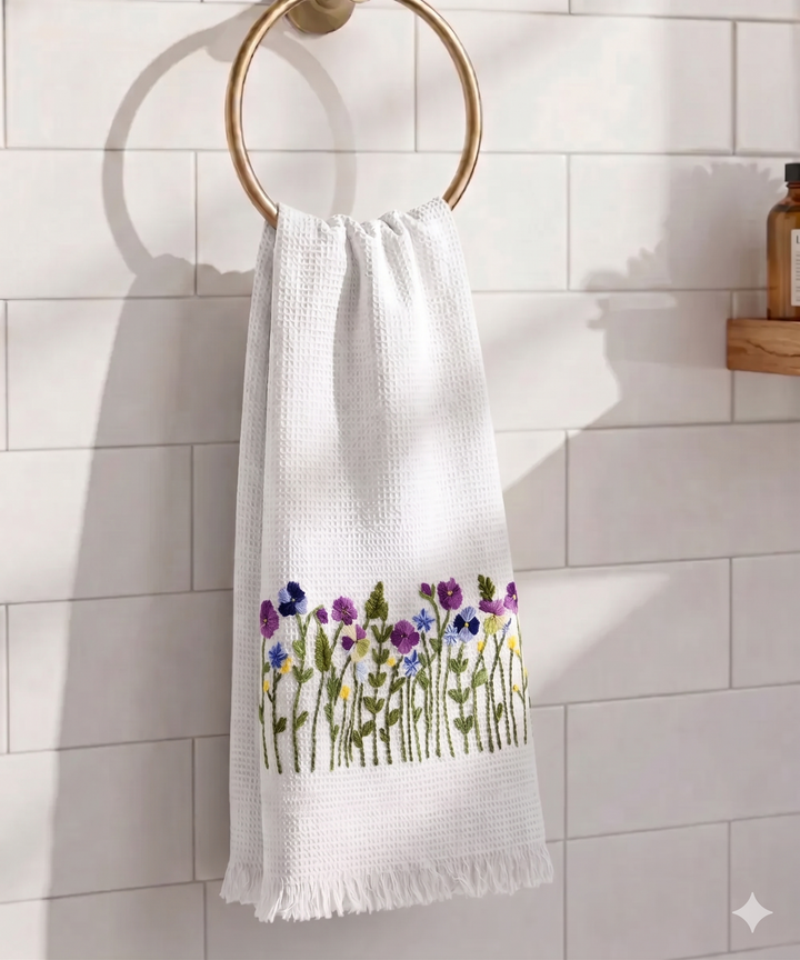 Embroidered Bath Towel | Soft Cotton Waffle | White