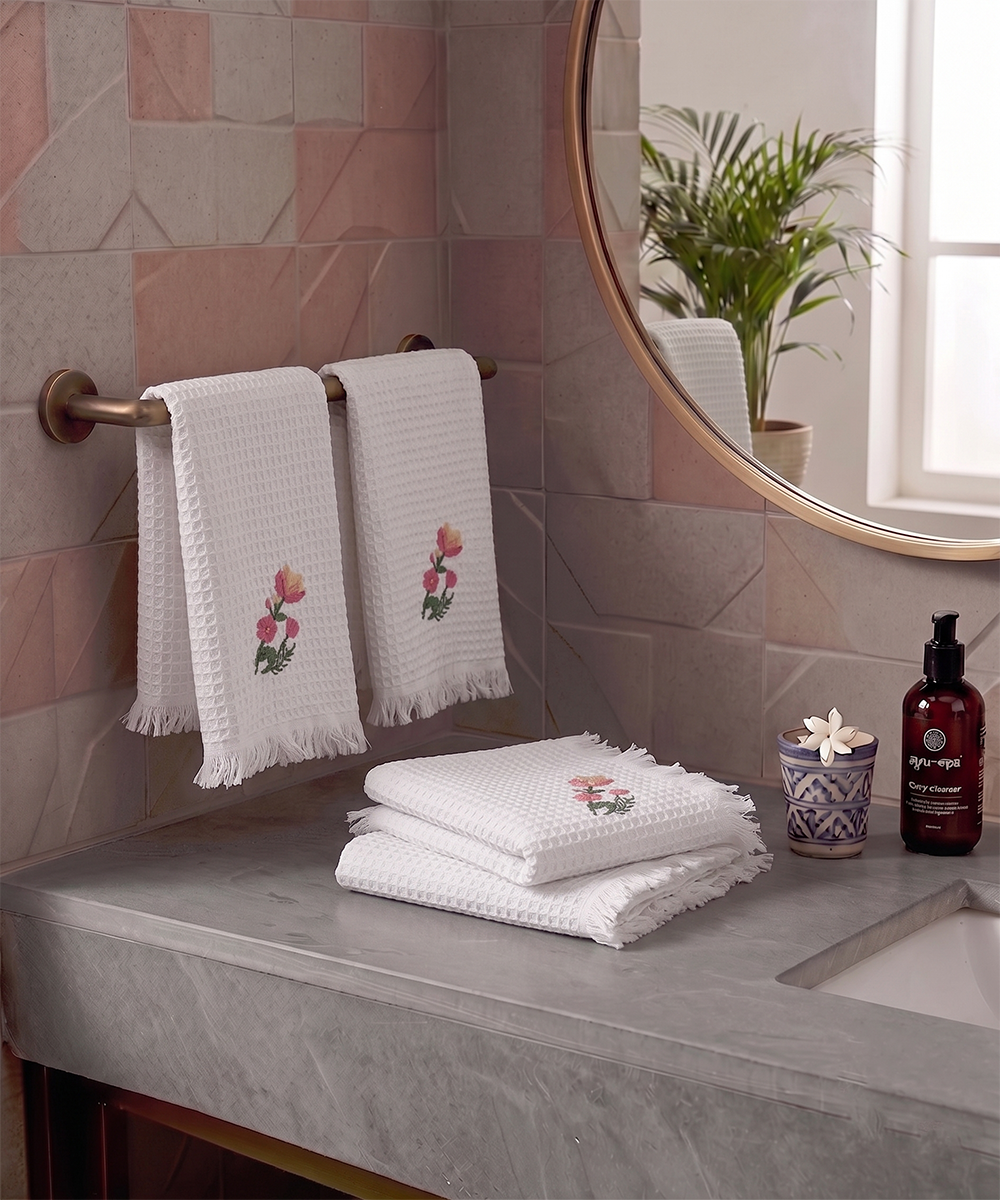 Embroidered Face Towel - Set of 4 pcs in Soft Cotton Waffle | White