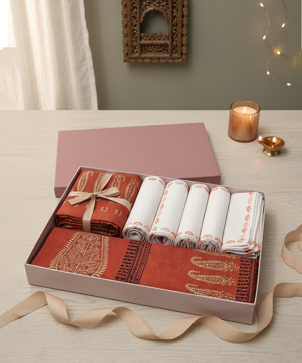 Rust Block Print Table Linen Gift Set | 1 Runner + 6 Mats + 6 Napkins