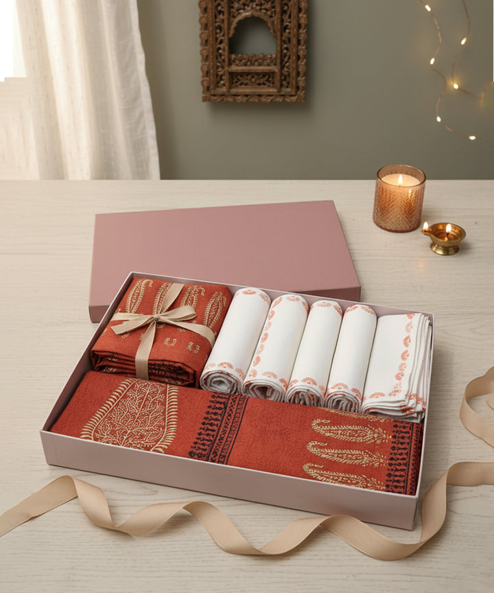 Rust Block Print Table Linen Gift Set | 1 Runner + 6 Mats + 6 Napkins