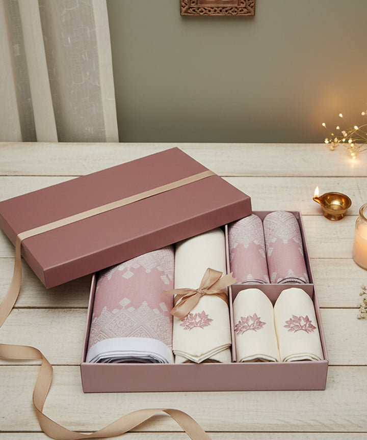 Coral & White Embroidered Cotton Table Linen Gift Set | 1 Runner + 6 Mats + 6 Napkins
