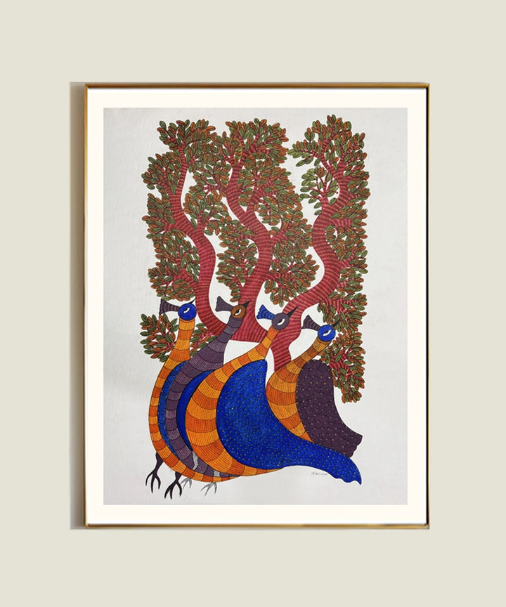 Gond Hand Painting | Peacocks & Tree | 2 x 3 Feet | Unframed