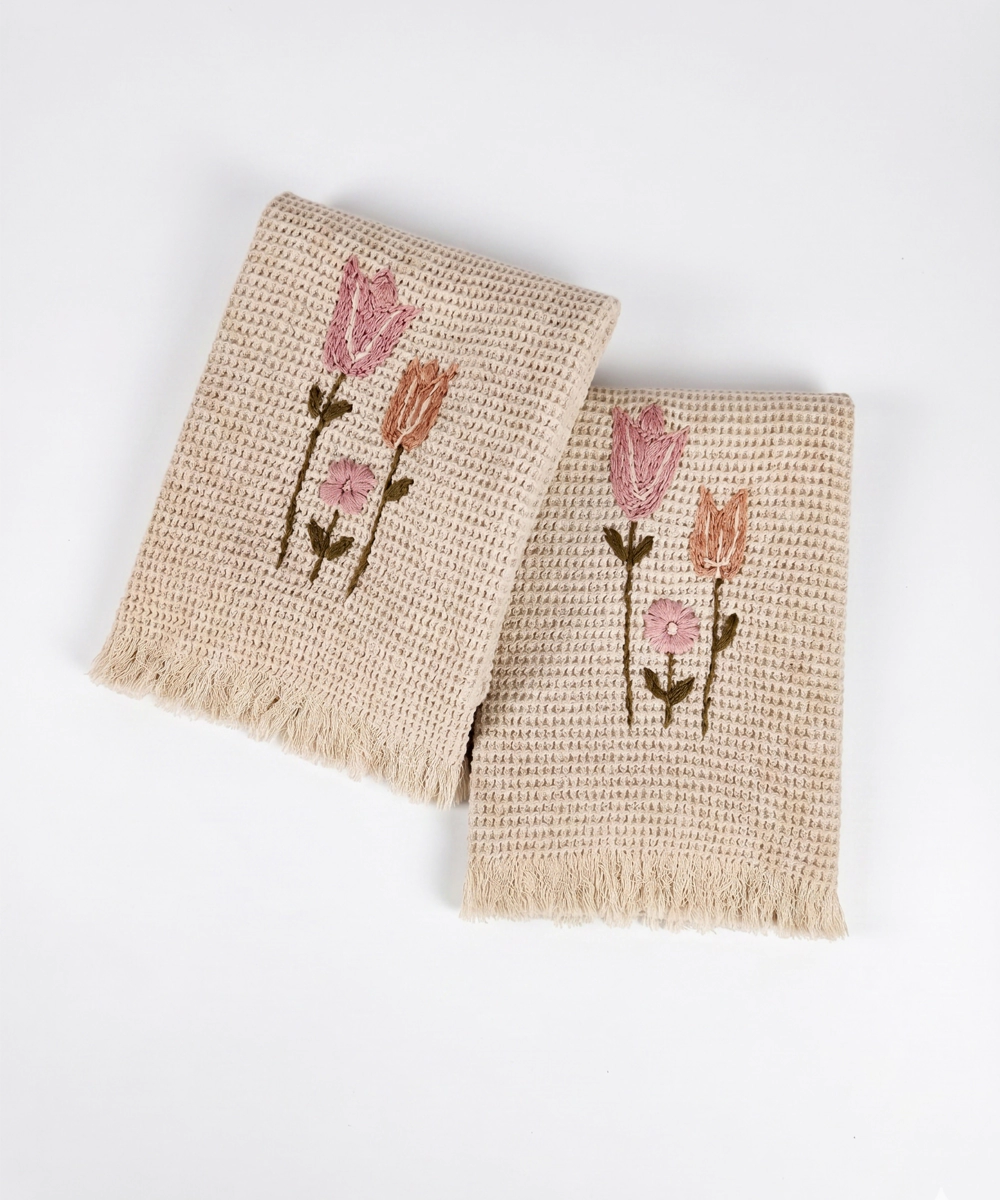 Embroidered 1 Pc Bath and 2 Pcs Hand Towel Set | Cotton Waffle Fabric | Beige