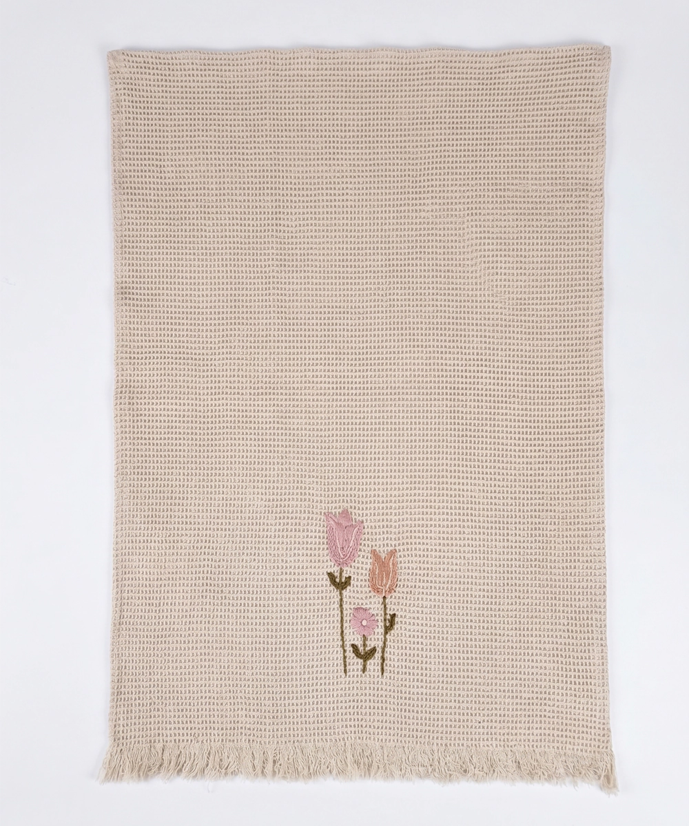 Embroidered 1 Pc Bath and 2 Pcs Hand Towel Set | Cotton Waffle Fabric | Beige