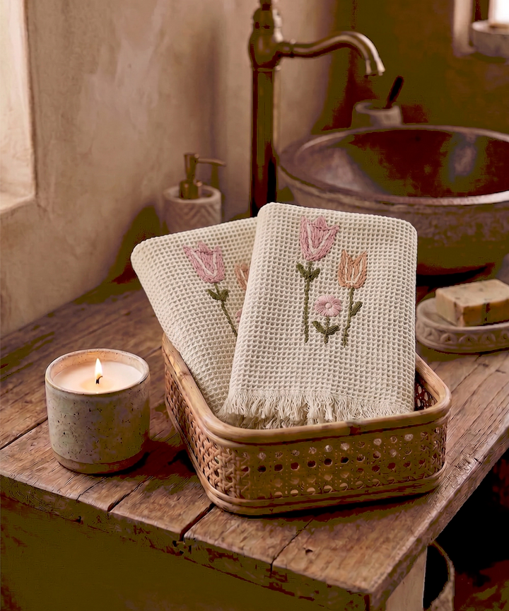 Embroidered Hand Towel - Set of 2 pcs in Soft Cotton Waffle | Beige