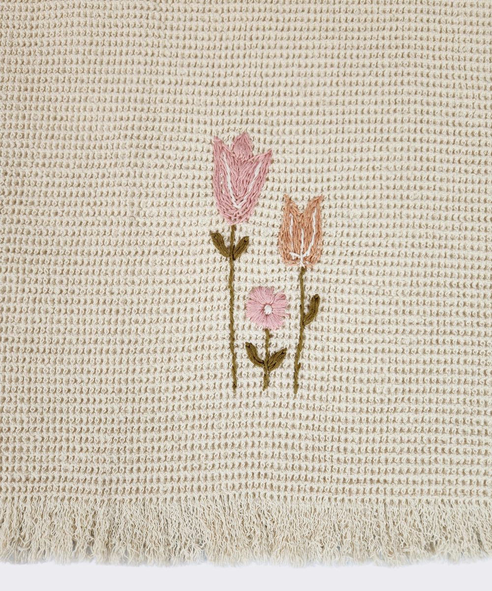 Embroidered 4 pcs Face and 2 pcs Hand Towel Set | Cotton Waffle | Beige