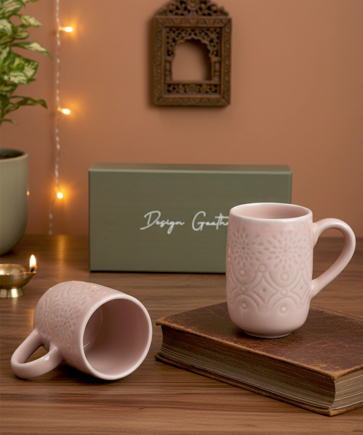 Set of 2 Pink Elongated Ceramic Coffee Mug in a Gift Box (300 ml)