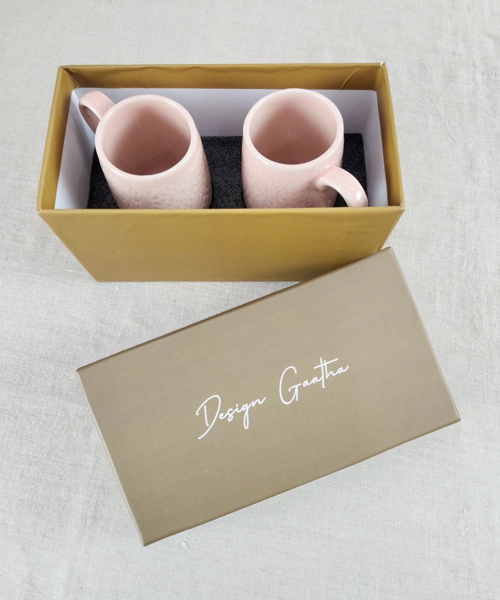 Set of 2 Pink Elongated Ceramic Coffee Mug in a Gift Box (300 ml)