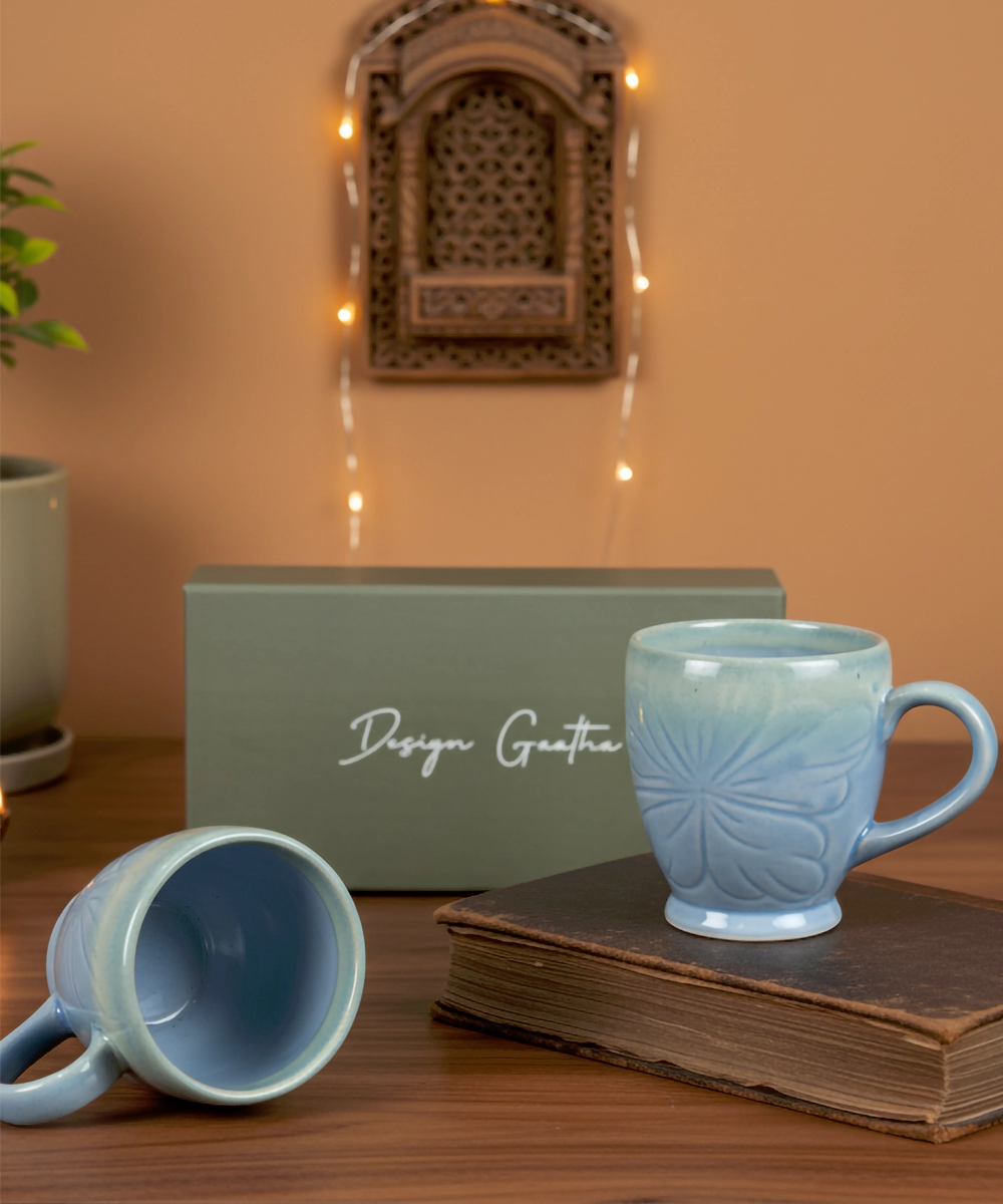Set of 2 Light Blue Butterfly Ceramic Coffee Mug in a Gift Box (300 ml)
