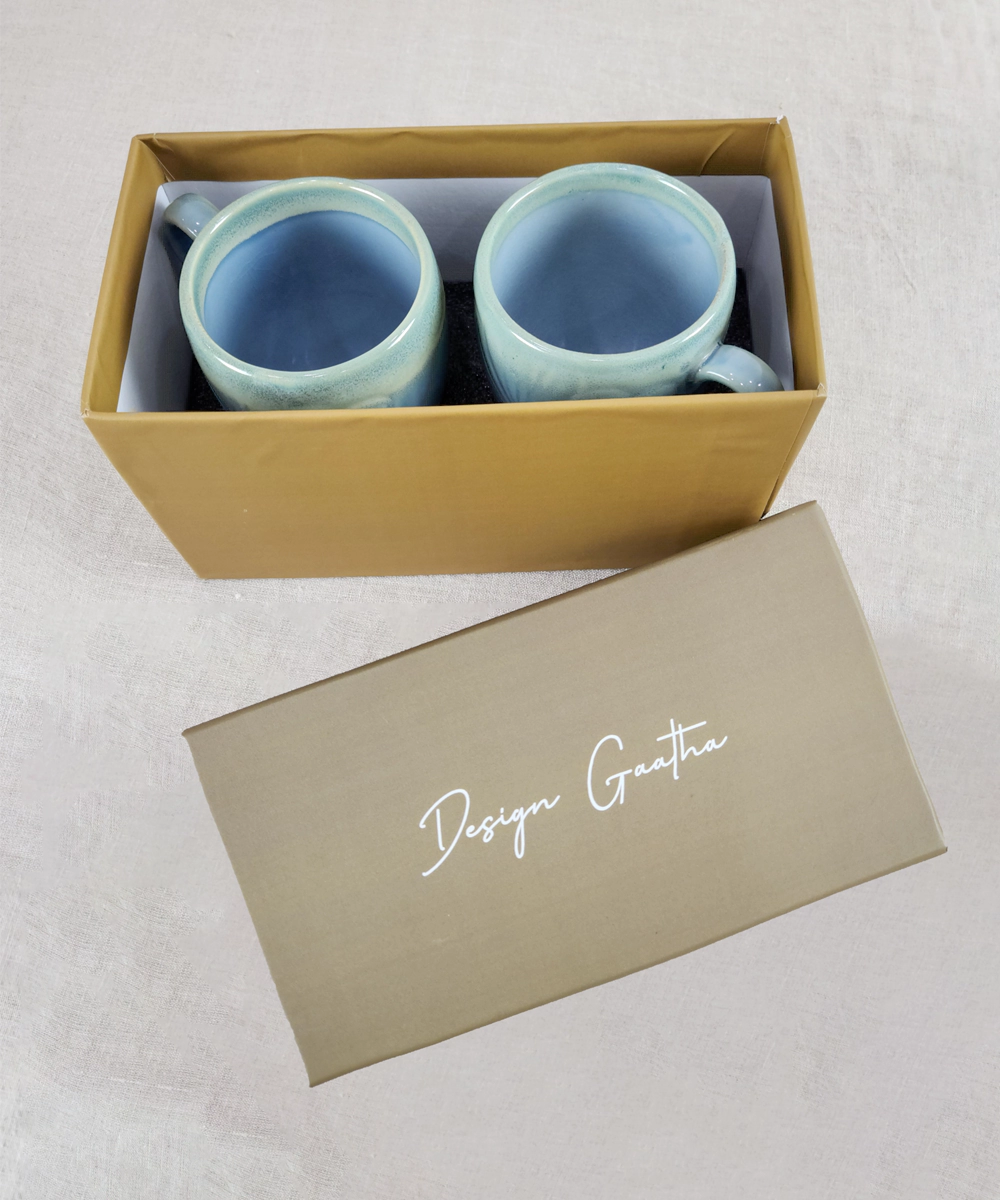 Set of 2 Light Blue Butterfly Ceramic Coffee Mug in a Gift Box (300 ml)