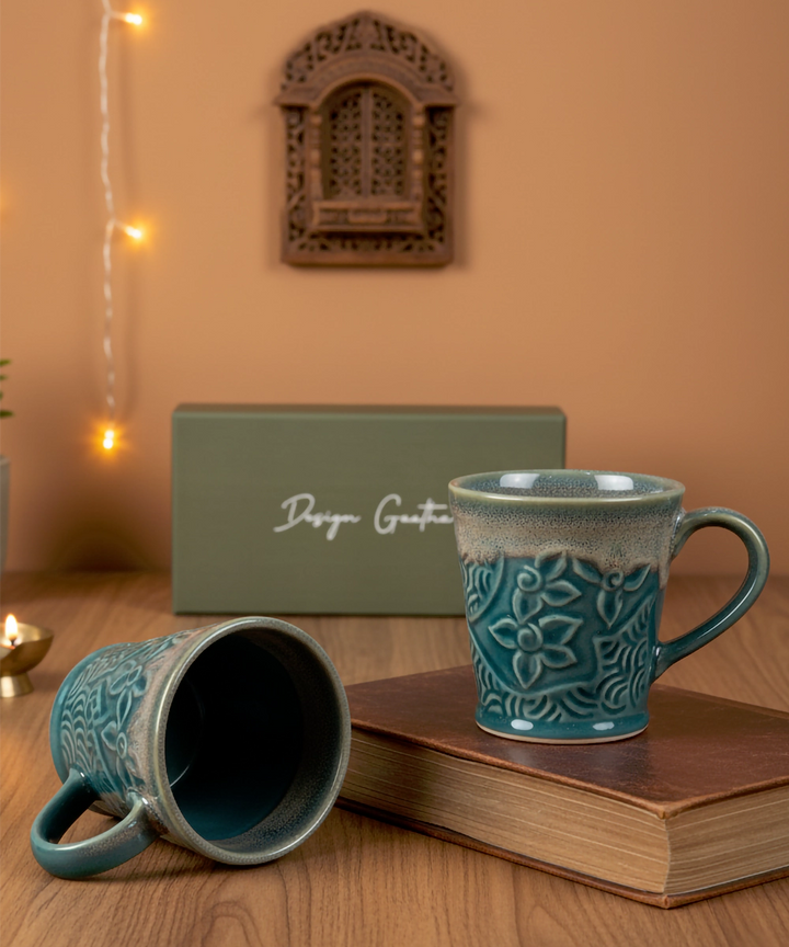 Set of 2 Teal Flower Shaded Ceramic Coffee Mug in a Gift Box (300 ml)