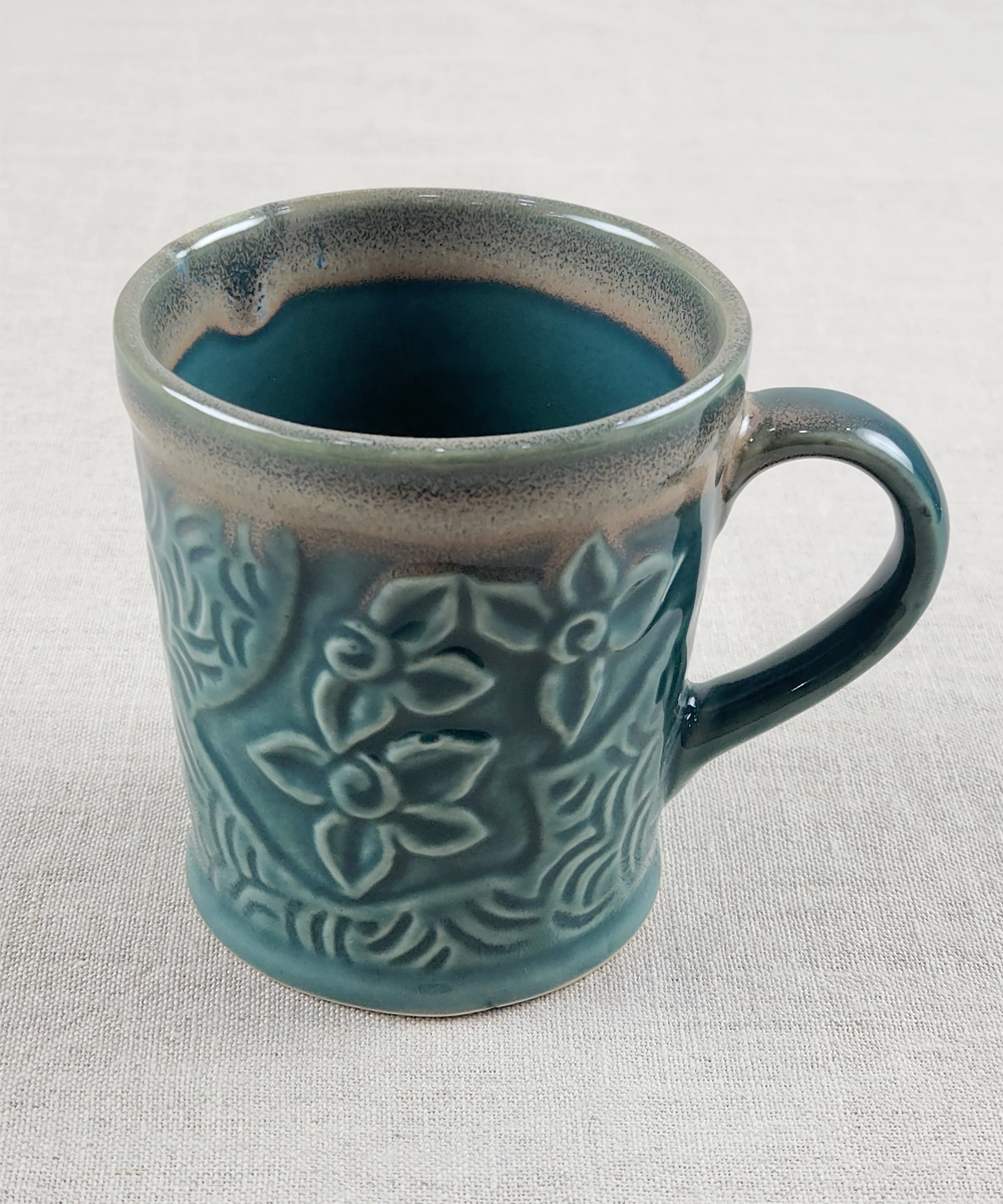 Set of 2 Teal Flower Shaded Ceramic Coffee Mug in a Gift Box (300 ml)
