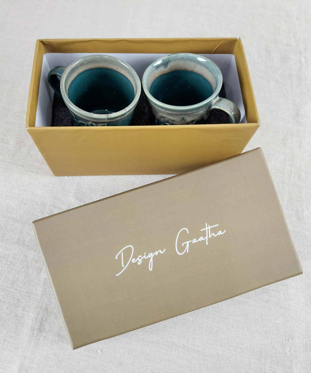 Set of 2 Teal Flower Shaded Ceramic Coffee Mug in a Gift Box (300 ml)