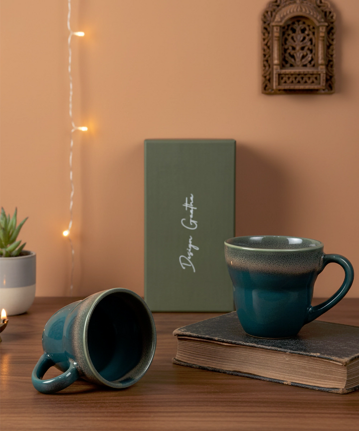 Set of 2 Teal Glazed Ceramic Coffee Mug in a Gift Box (250 ml)