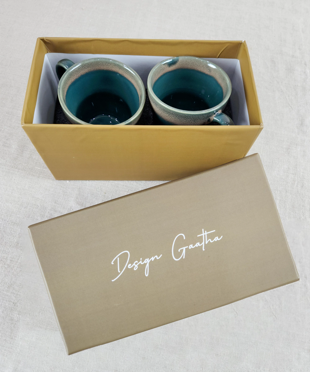 Set of 2 Teal Glazed Ceramic Coffee Mug in a Gift Box (250 ml)