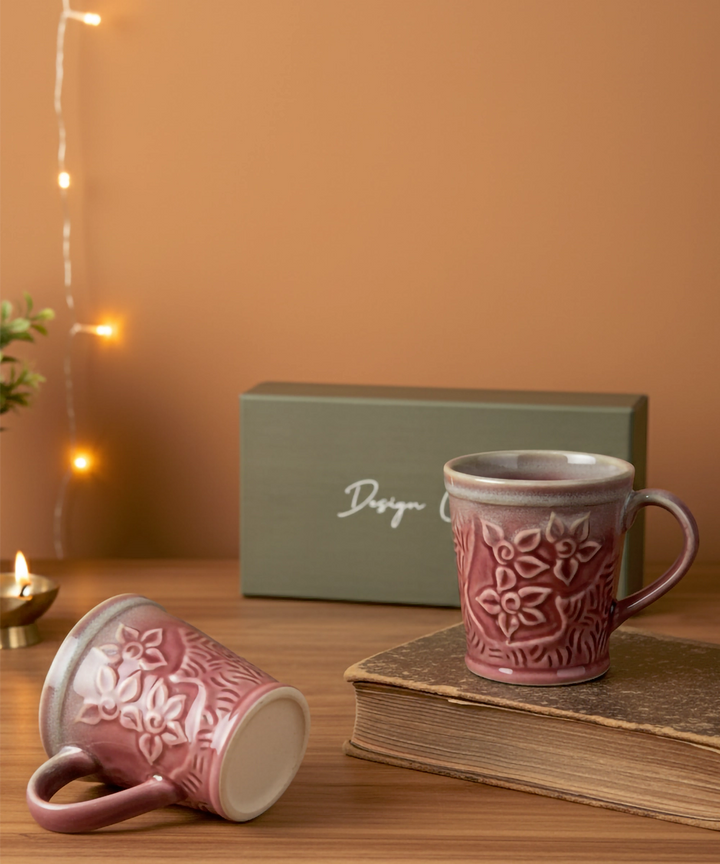 Set of 2 Maroon Floral Shaded Ceramic Coffee Mug in a Gift Box (300 ml)