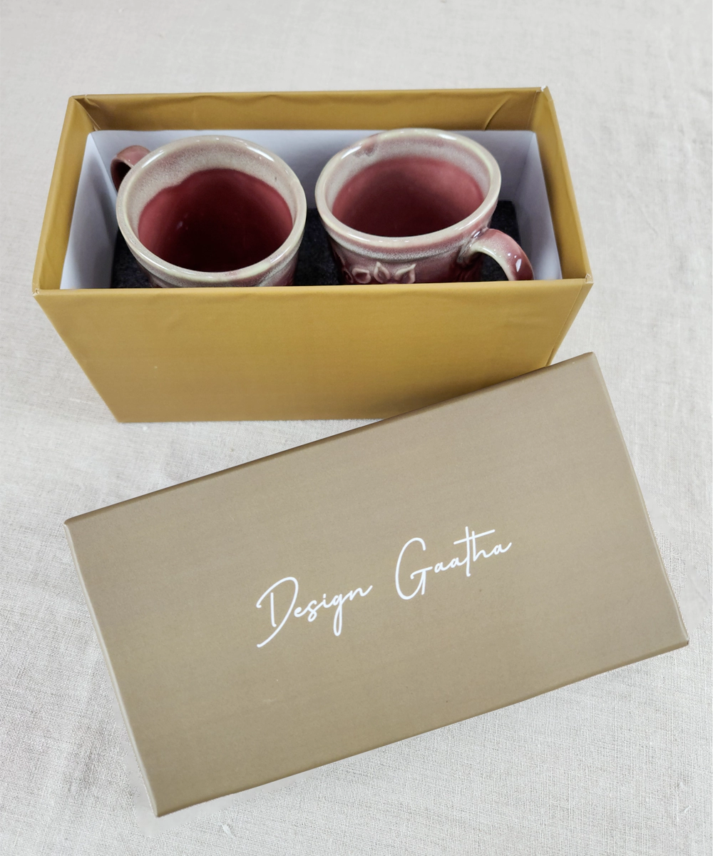 Set of 2 Maroon Floral Shaded Ceramic Coffee Mug in a Gift Box (300 ml)