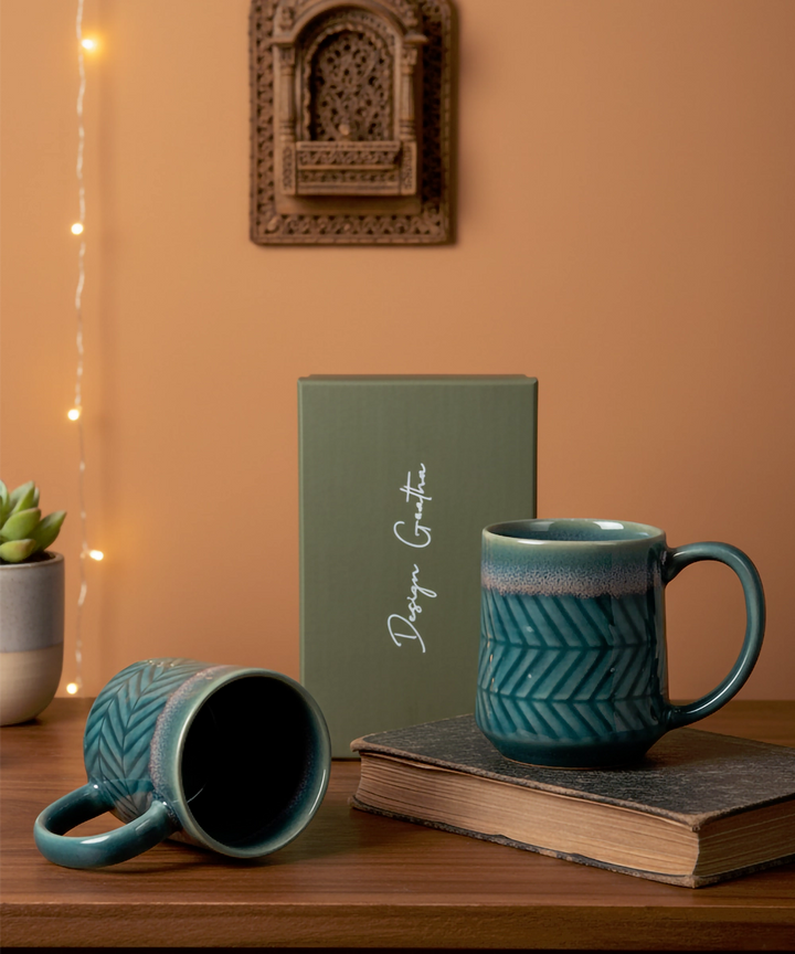 Set of 2 Teal Tapered Top Ceramic Coffee Mug in a Gift Box (250 ml)