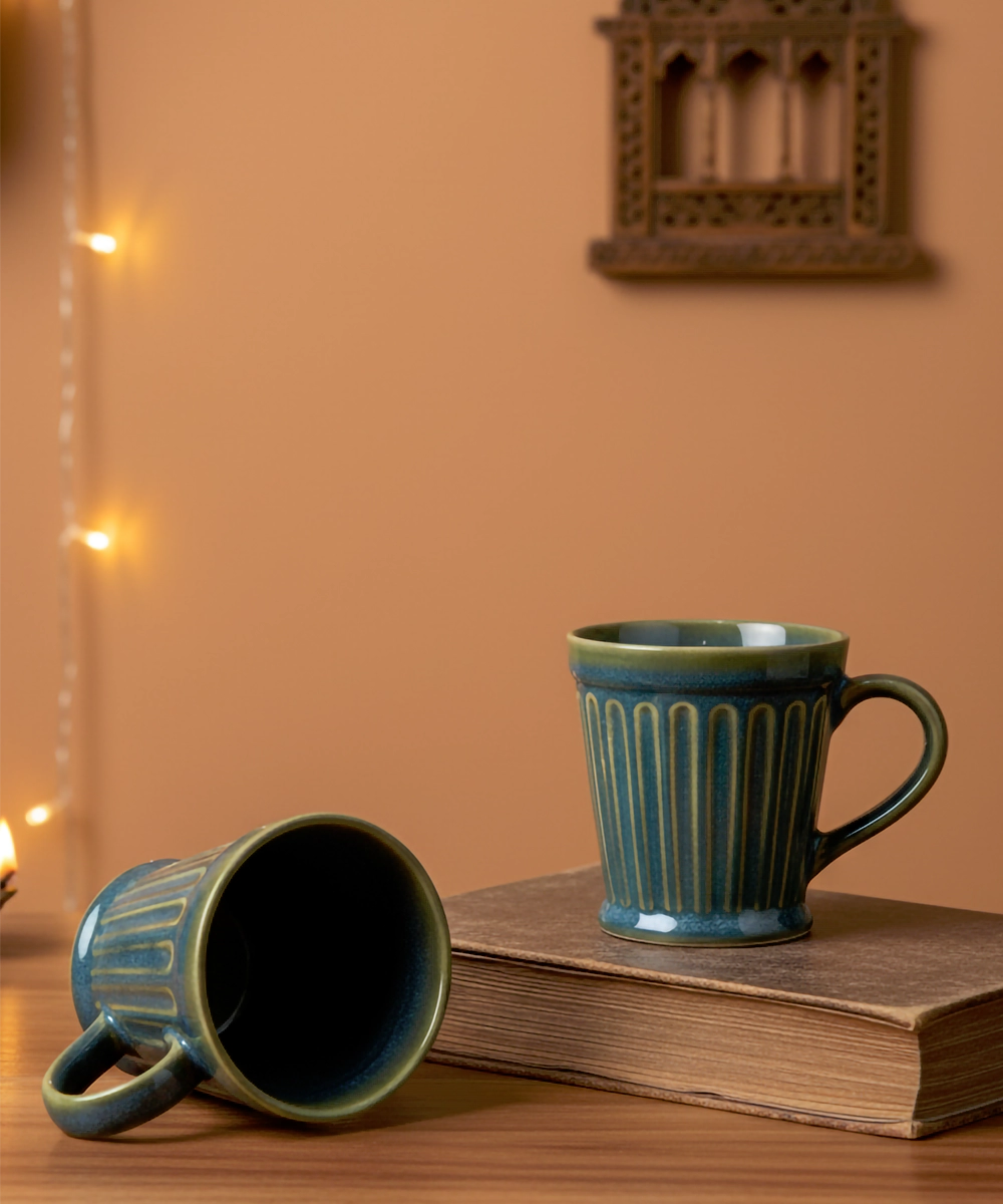 Set of 2 Medium Blue Vertical Line Ceramic Coffee Mug in a Gift Box (300 ml)