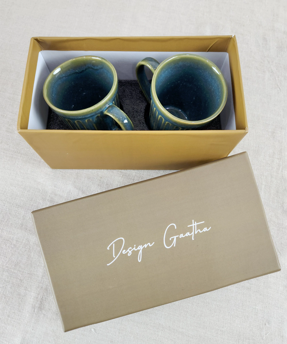 Set of 2 Medium Blue Vertical Line Ceramic Coffee Mug in a Gift Box (300 ml)