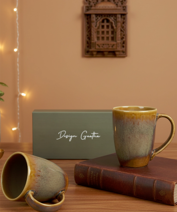 Set of 2 pcs Glazed Shaded Brown Ceramic Coffee Mug in a Gift Box (300 ml)