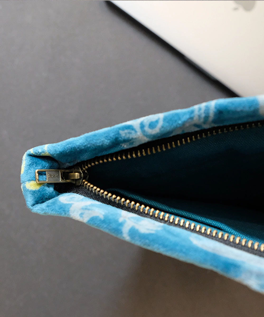 Printed Deep Blue Floral Velvet Laptop Sleeve / Case (13.5 x 11.5 inches)