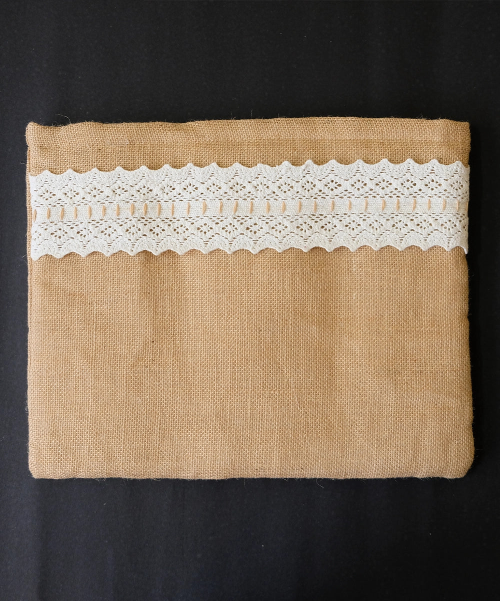 Ornamental Lace Beige Jute Laptop Sleeve with Metallic Zip Closure (11.75 x 13.5 x 0.5 inches)