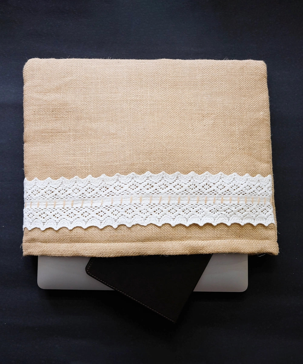 Ornamental Lace Beige Jute Laptop Sleeve with Metallic Zip Closure (11.75 x 13.5 x 0.5 inches)