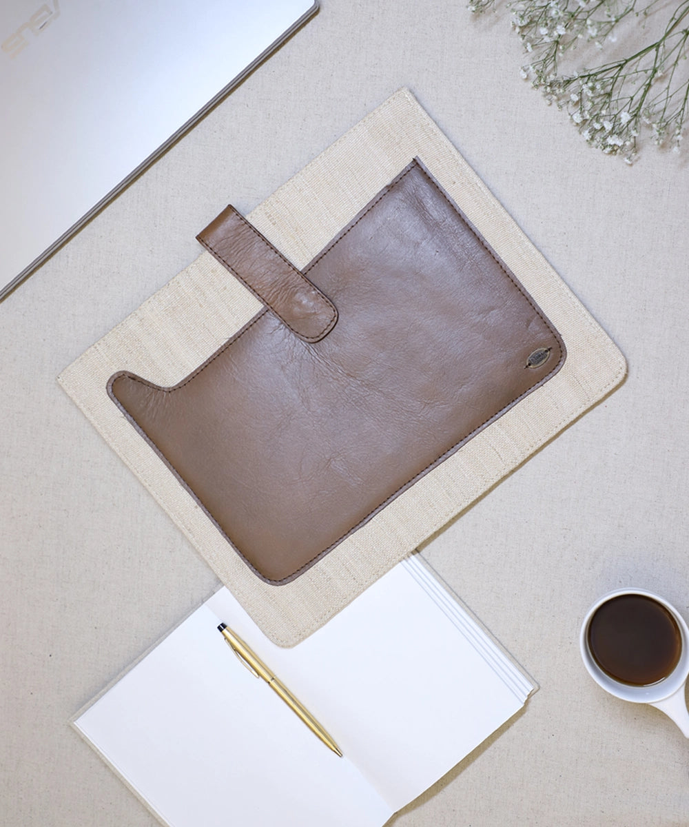 Beige Handloom with Leather Handcrafted Laptop Sleeve | Flap Closure