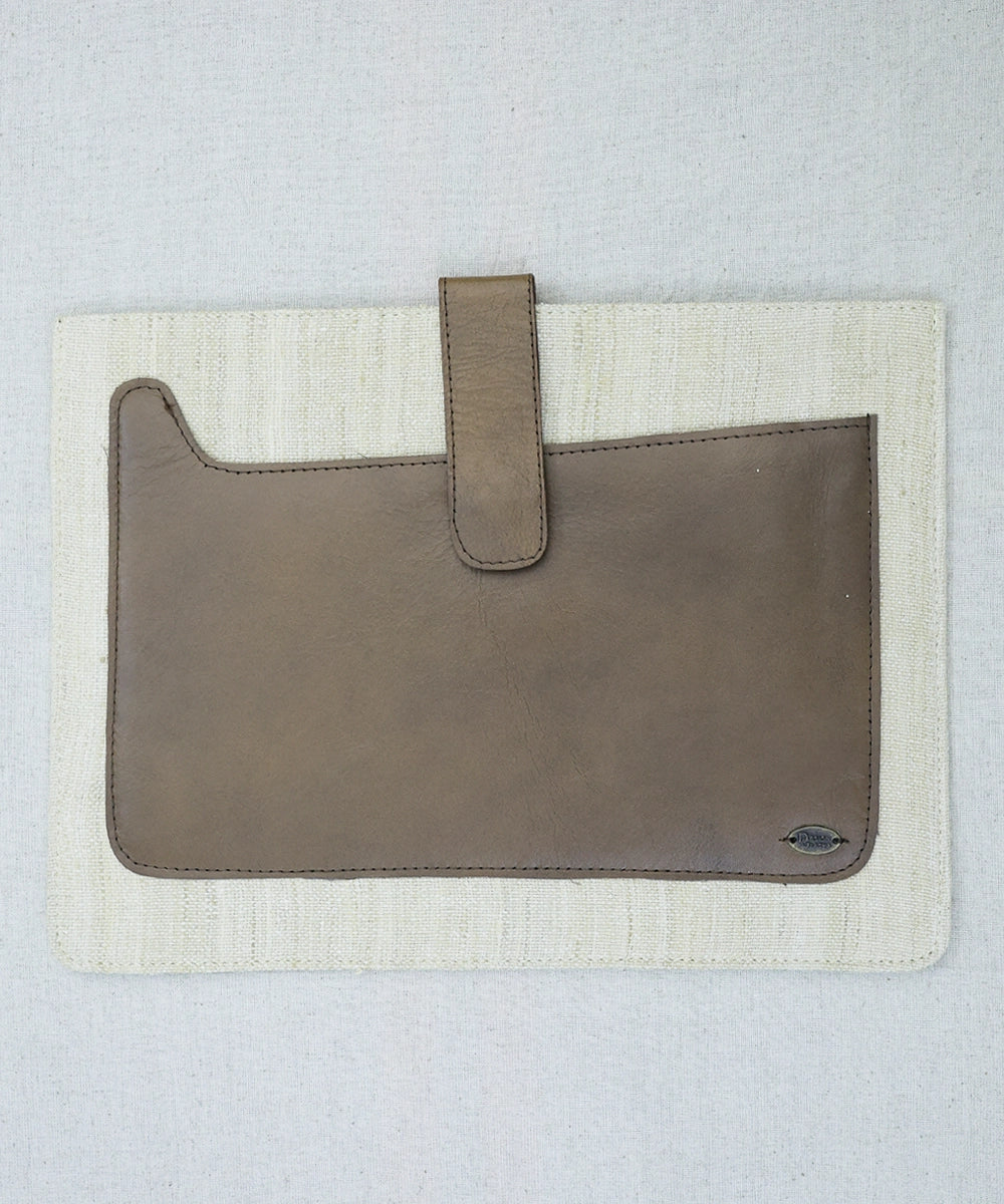 Beige Handloom with Leather Handcrafted Laptop Sleeve | Flap Closure