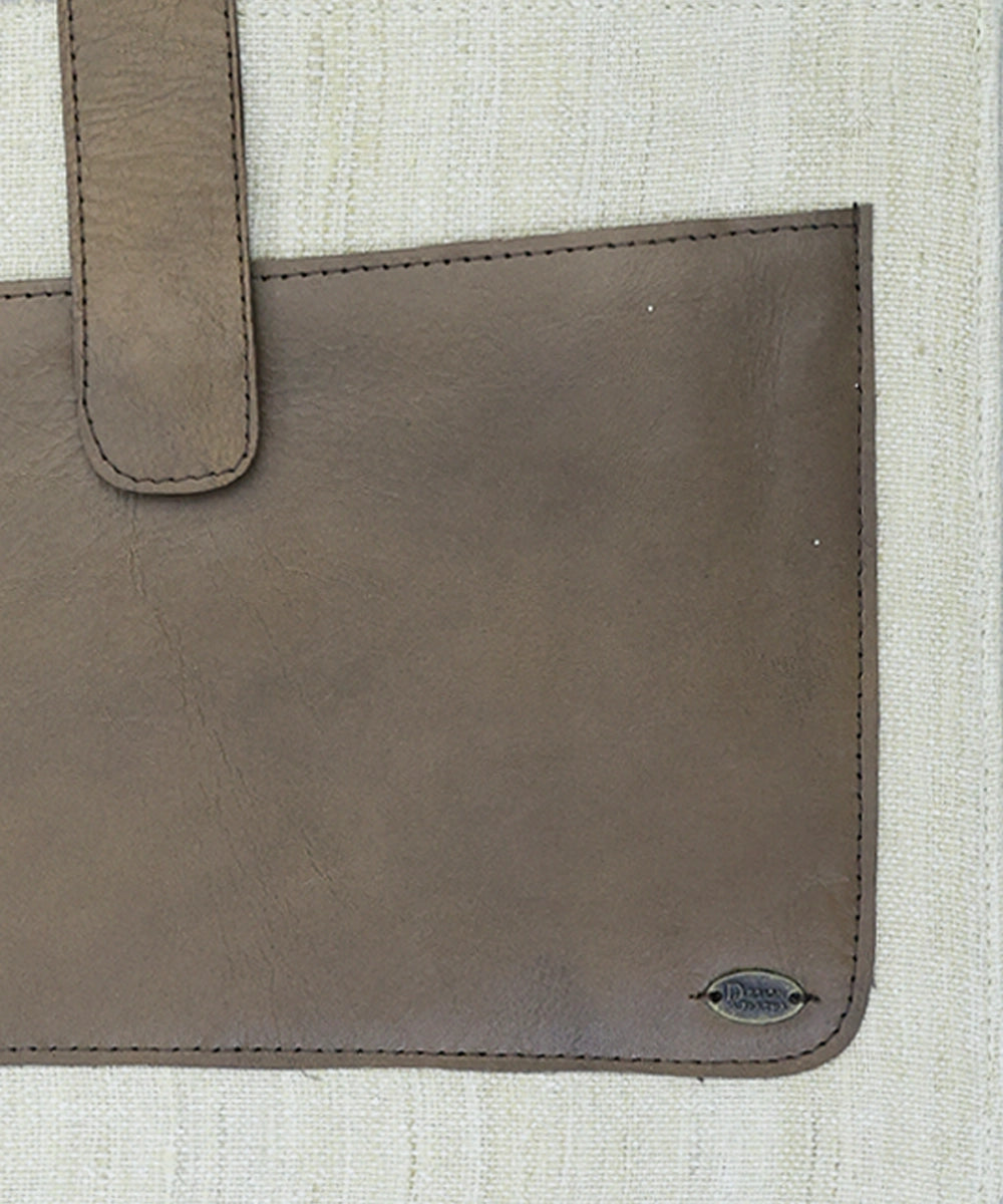 Beige Handloom with Leather Handcrafted Laptop Sleeve | Flap Closure