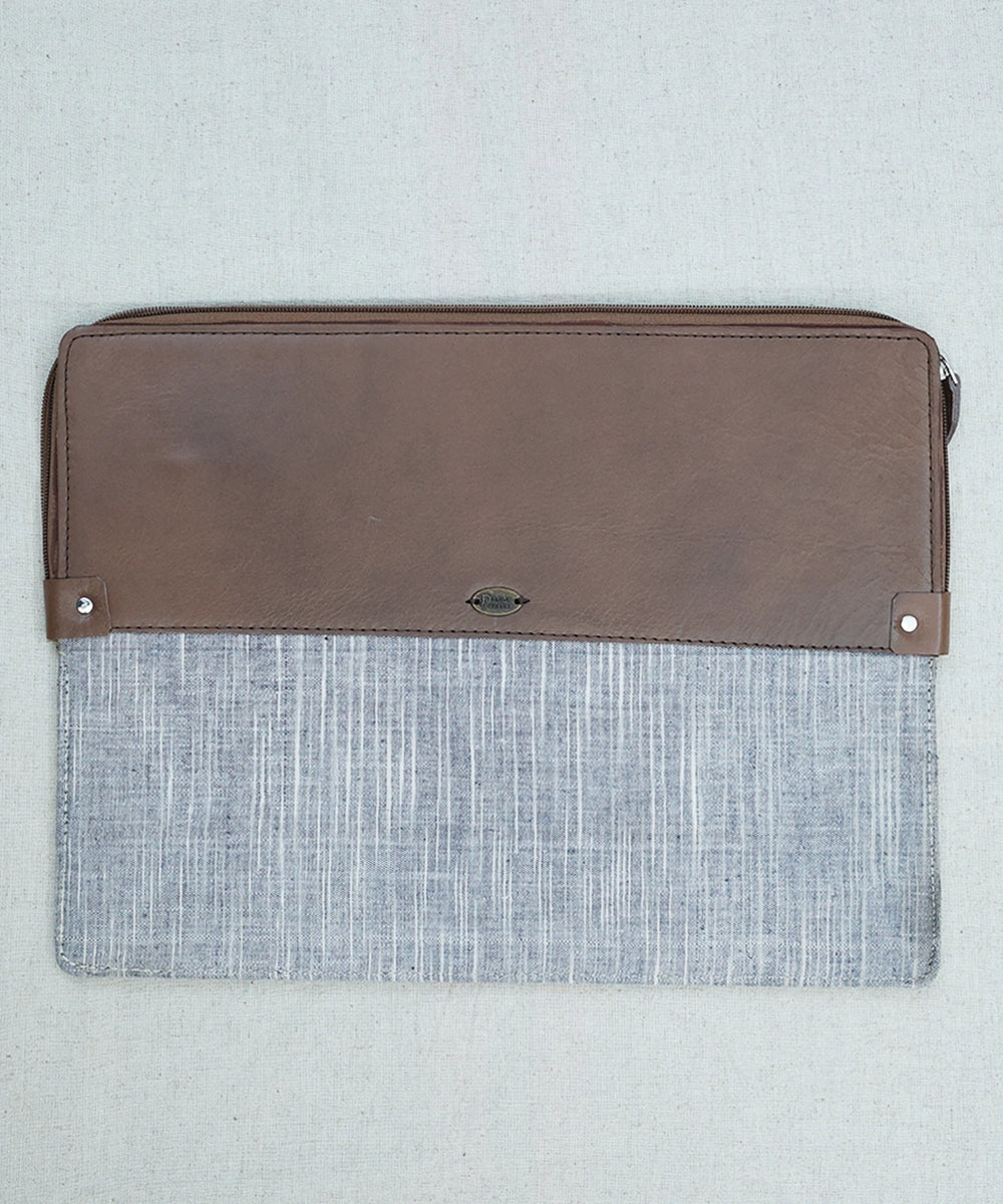 Genuine Brown Leather With 100% Grey Cross Hatch Handloom Khadi Half Zip Closure And Back Pocket With Zip