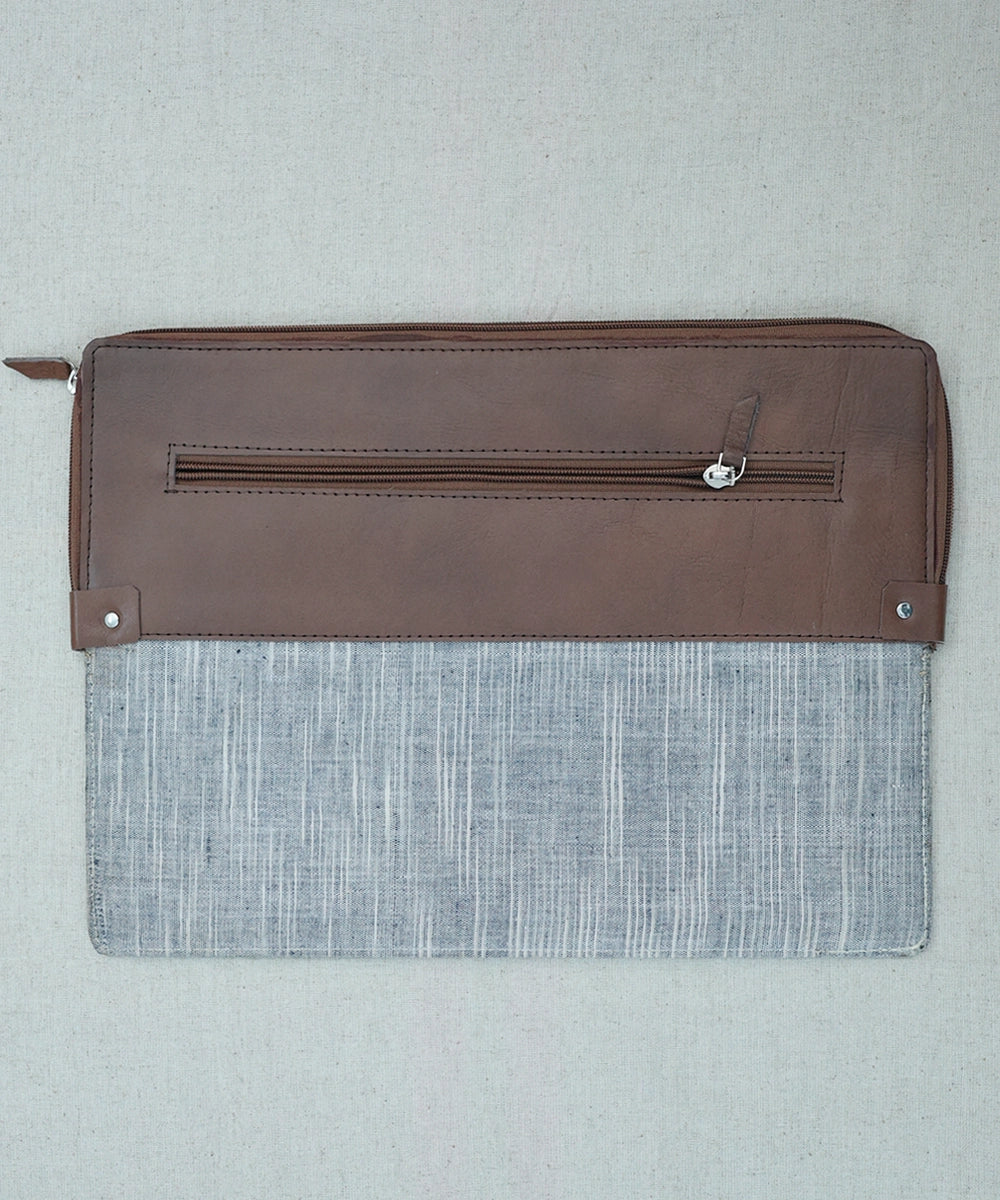 Genuine Brown Leather With 100% Grey Cross Hatch Handloom Khadi Half Zip Closure And Back Pocket With Zip