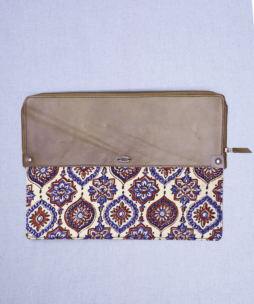 Moroccan Modal Silk Ajrakh with Pure Leather Zipper Closure Laptop Sleeve