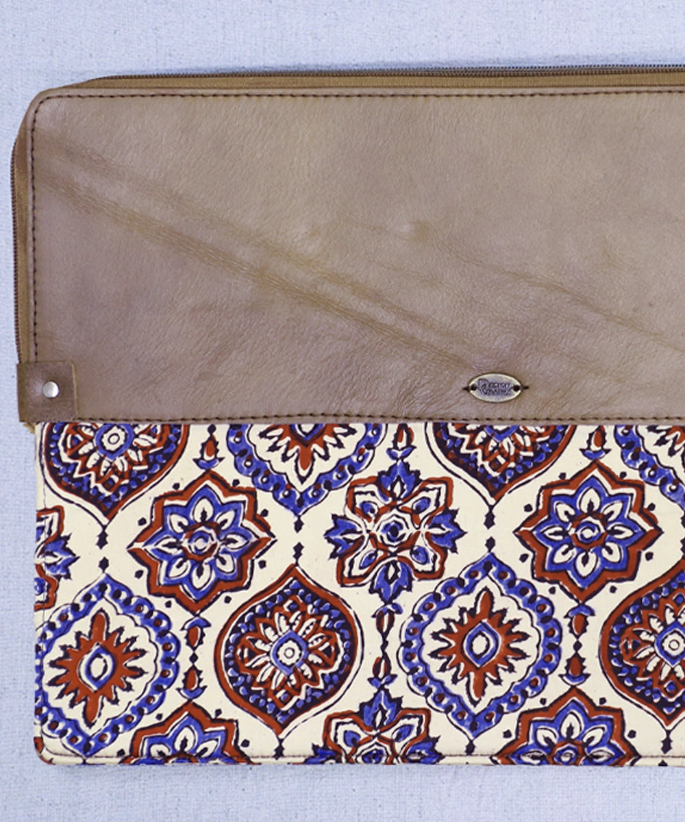 Moroccan Modal Silk Ajrakh with Pure Leather Zipper Closure Laptop Sleeve