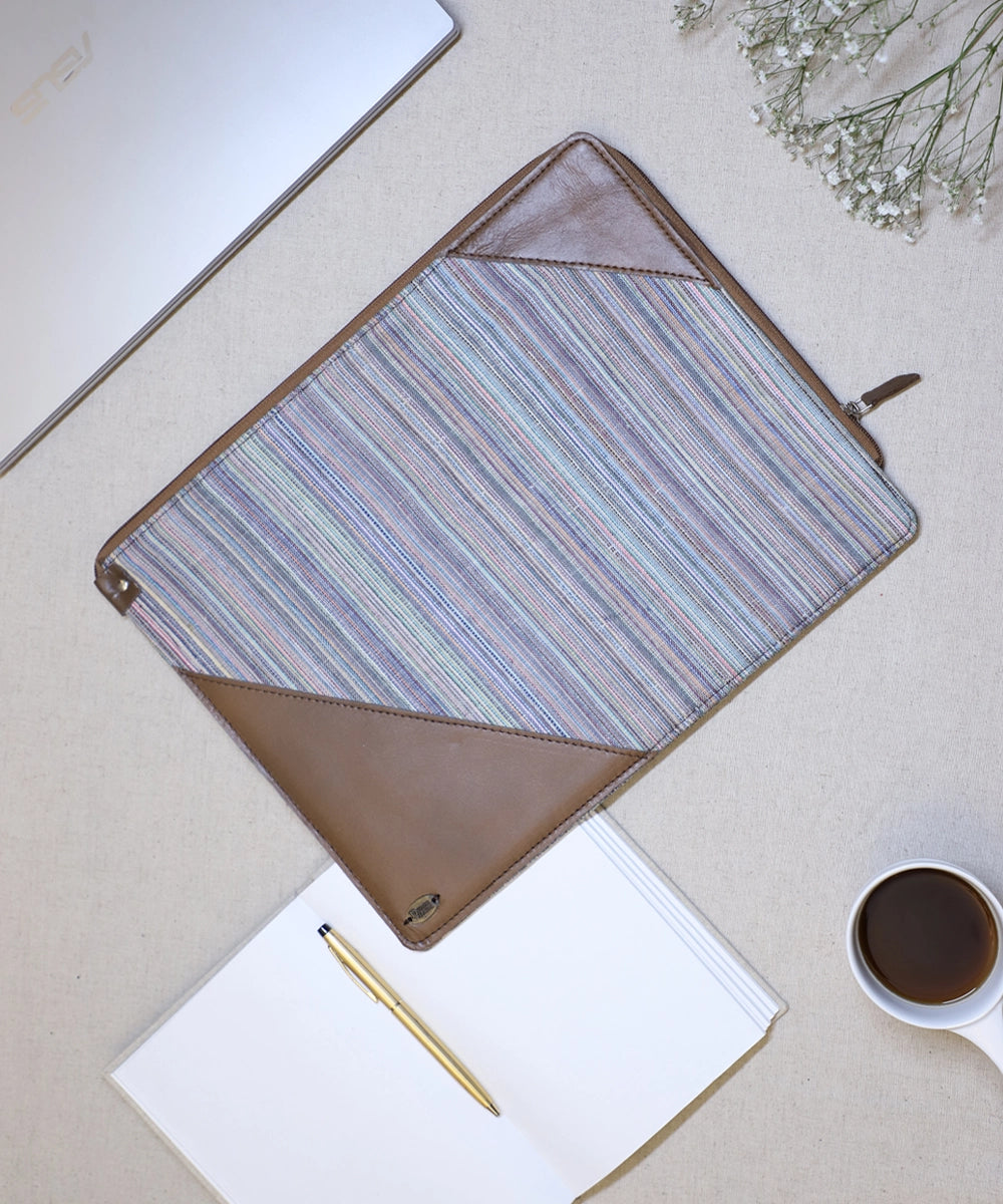 Striped Handloom with Pure Leather Handcrafted Zipper Closure Laptop Sleeve
