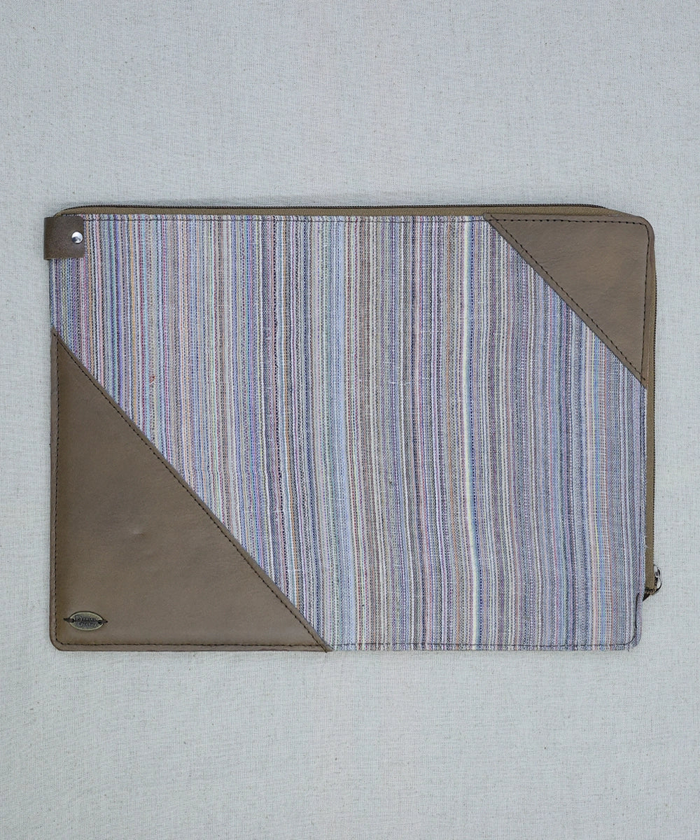 Striped Handloom with Pure Leather Handcrafted Zipper Closure Laptop Sleeve