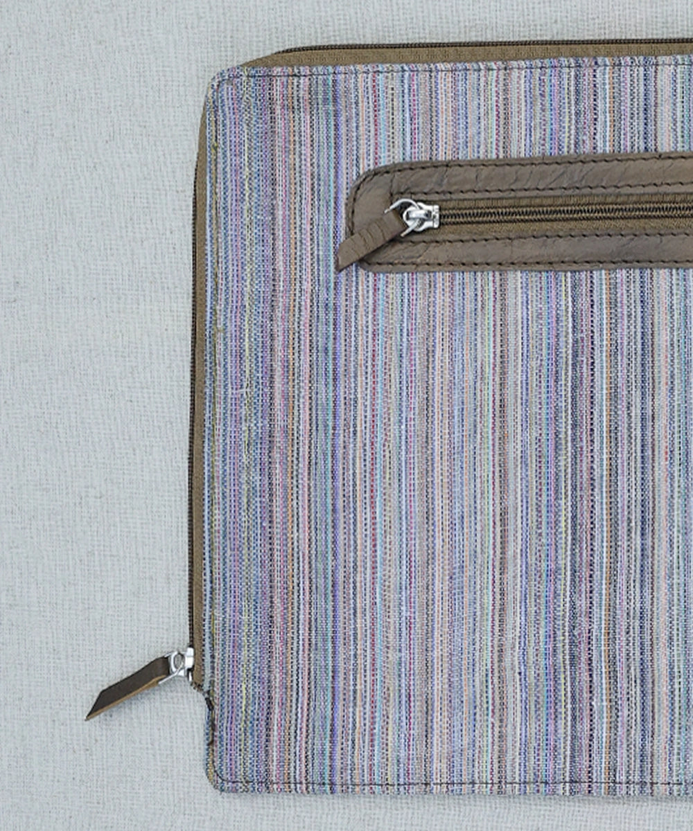 Striped Handloom with Pure Leather Handcrafted Zipper Closure Laptop Sleeve
