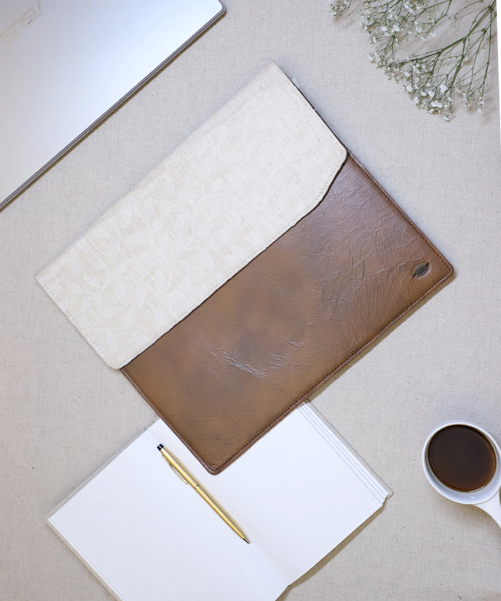 White Jacquard with Pure Leather Handcrafted Laptop Sleeve | Magnetic Button Closure