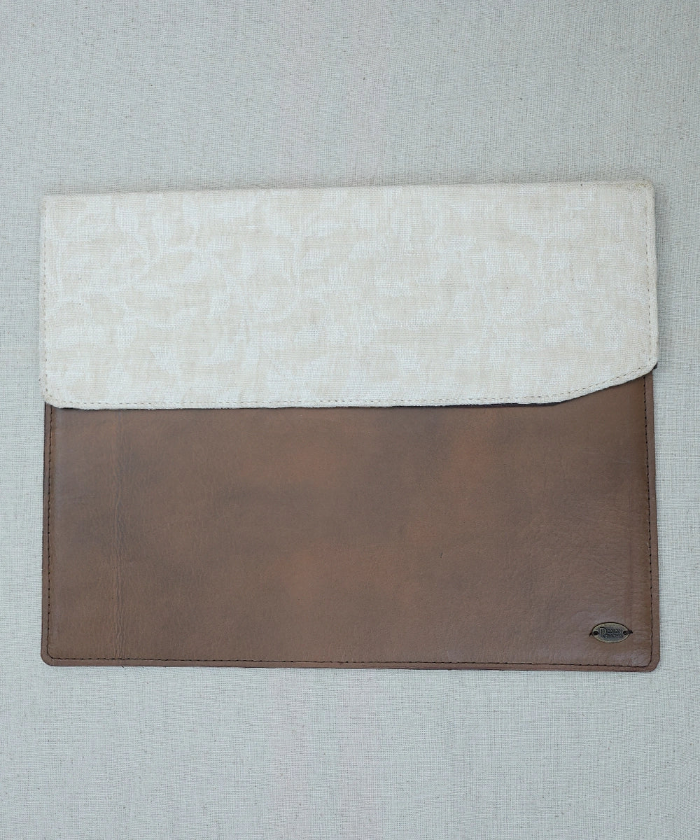White Jacquard with Pure Leather Handcrafted Laptop Sleeve | Magnetic Button Closure
