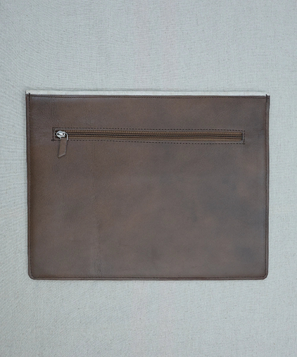 White Jacquard with Pure Leather Handcrafted Laptop Sleeve | Magnetic Button Closure